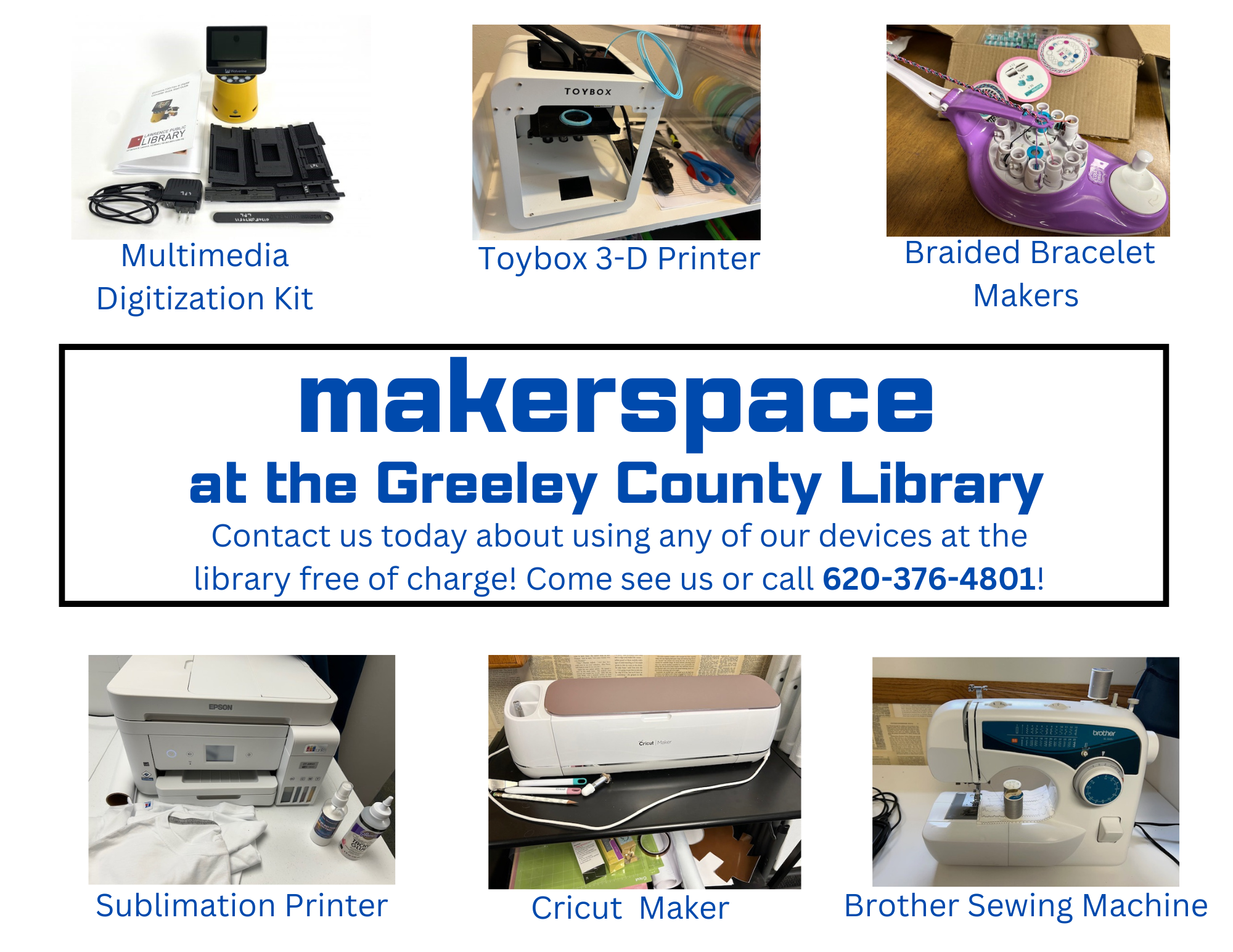 Images of various devices available for use in the Makerspace at the Greeley County Library.